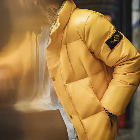 Men’s Yellow 90% White Duck Down Jacket – Warm Stand Collar Puffer Coat for Fall & Winter Casual Outerwear